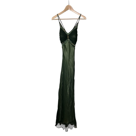 Vintage Y2K Scala Silk Beaded Green Slip Dress PS P S - Picture 1 of 10